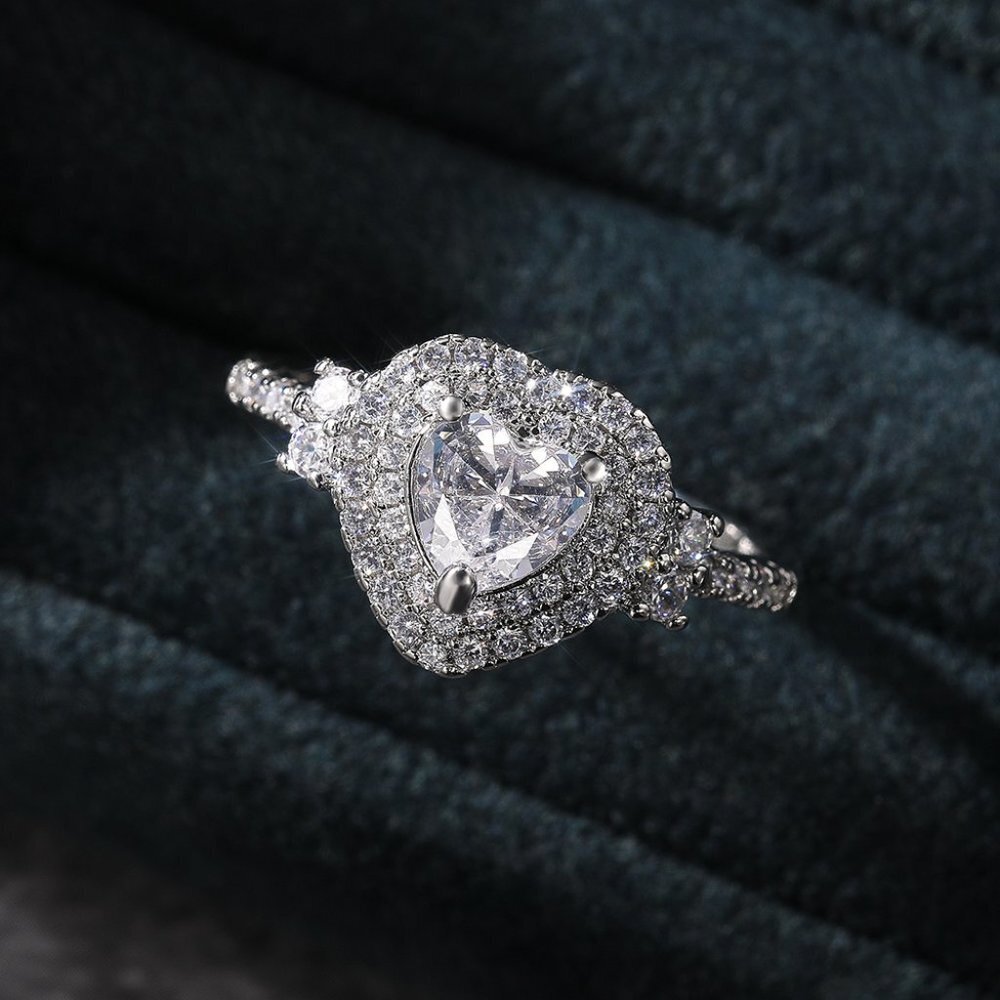 😍Diamond Heart CZ Shiny 14k White Gold Luxury Macro Pave Ring for Women, K852 - Picture 6 of 13